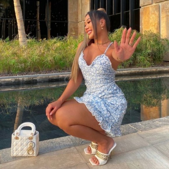 Blue Floral Print Sleeveless V-Neck Backless Ruffle Trim Mini Dress - Picture 3 of 7